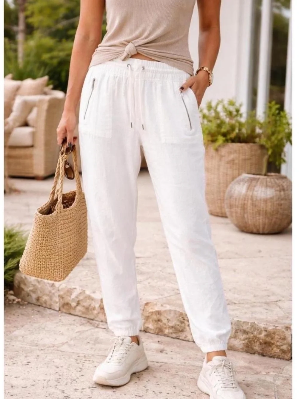 Athleta Women’s Cabo Linen Jogger White Womens Sz 14 Coastal Lagenlook